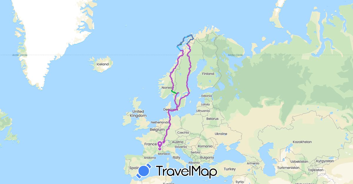 TravelMap itinerary: driving, bus, cycling, train, hiking, boat in Switzerland, Germany, Denmark, France, Norway, Sweden (Europe)