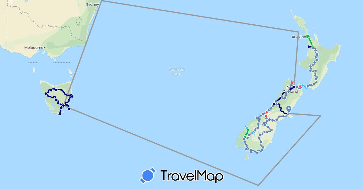 TravelMap itinerary: driving, bus, plane, cycling, hiking, boat in Australia, New Zealand (Oceania)