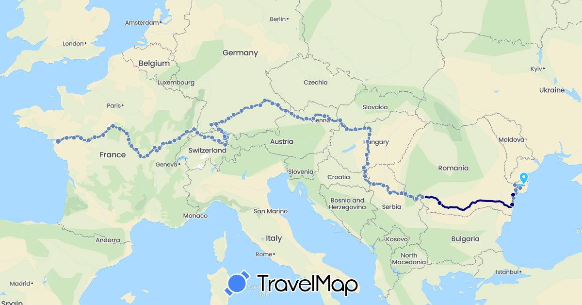 TravelMap itinerary: driving, cycling, boat in Austria, Switzerland, Germany, France, Croatia, Hungary, Romania, Serbia, Slovakia (Europe)